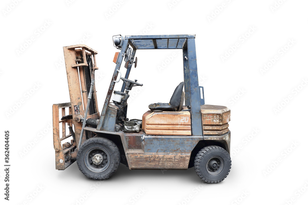 Forklift truck isolated on white background.Side view of yellow Fork hoist.Diesel counterbalance carriage.Warehouse equipment Forklift truck isolated on white background.Side view of yellow Fork hoist.Diesel counterbalance carriage.Warehouse equipment