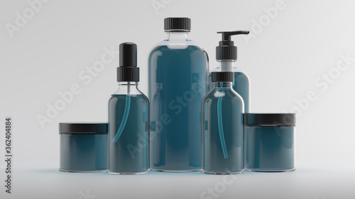 3d render of beauty bottles. Cosmetic bottle 3d background. Set of body care flasks with abstract liquid on white reflective background.....