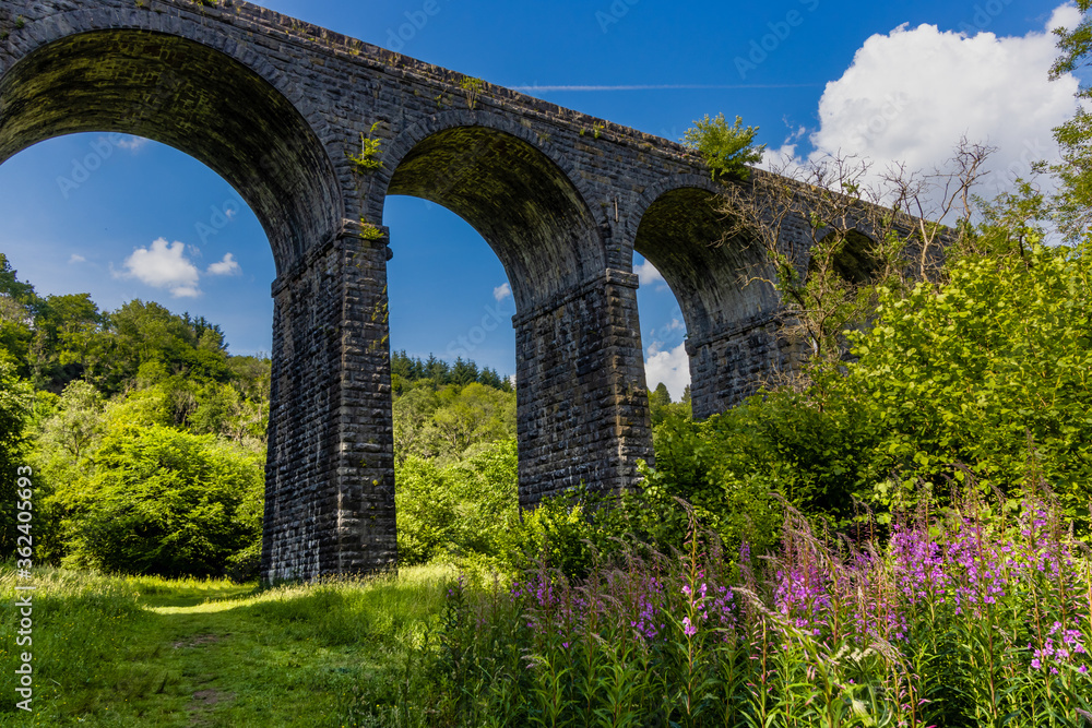 Arches underneath an old Victorian viaduct in a beautiful green rural setting (Pontsarn Viaduct, South Wales, UK)