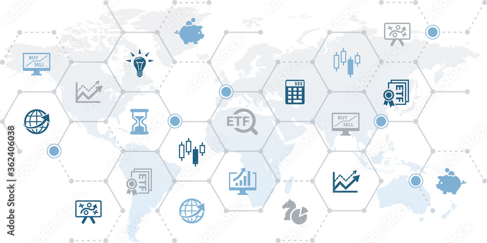 International ETF vector illustration. Concept with connected icons related to worldwide stock market, investment, exchange traded fund, financial market. International ETF vector illustration. Concept with connected icons related to worldwide stock market, investment, exchange traded fund, financial market.