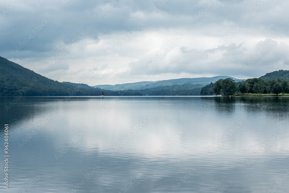 View of Coniston Water on a grey Cloudy summers day