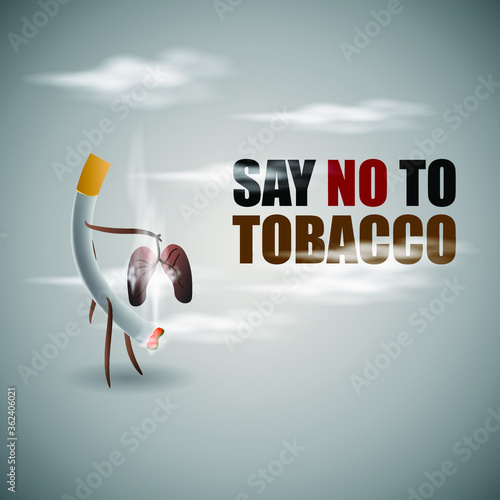 Illustration for say no to smoking, concept for world no tobacco day, Illustration is showing caricature of cigarette holding the human lungs and filling up with smoke in smoky background