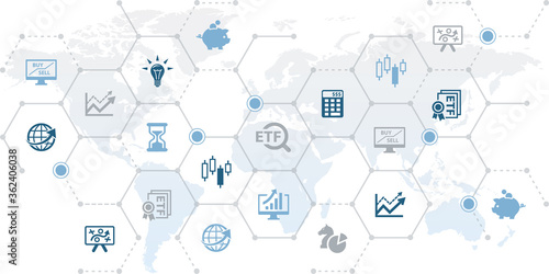 International ETF vector illustration. Concept with connected icons related to worldwide stock market, investment, exchange traded fund, financial market.