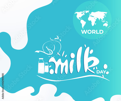 VECTOR ILLUSTRATION FOR WORLD MILK DAY, FRESH MILK BOTTLES, WORLD MAP, WORLD DAY MILK LETTERING , DESIGNER CALLIGRAPHY TEXT WITH COW photo