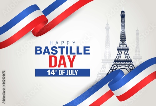 Happy Bastille Day, 14th of July, holiday greeting card in colors of the national flag of France with Eiffel tower and lettering. Vector illustration.