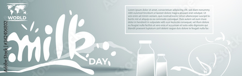 VECTOR ILLUSTRATION FOR WORLD MILK DAY, FRESH MILK BOTTLES, WORLD MAP, WORLD DAY MILK LETTERING , DESIGNER CALLIGRAPHY TEXT WITH COW
