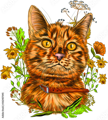 orange cat with plants and flowers portrait composition vector illustration