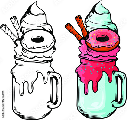 Delicious beautiful multi-colored like a rainbow and a unicorn milkshake monster shake with cookies, ice cream, waffles, chocolate and fruit