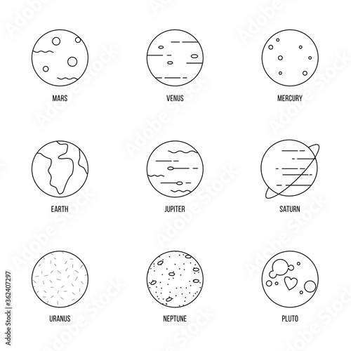 Thin line icons of planets. Modern flat line design element vector collection logo illustration concept.