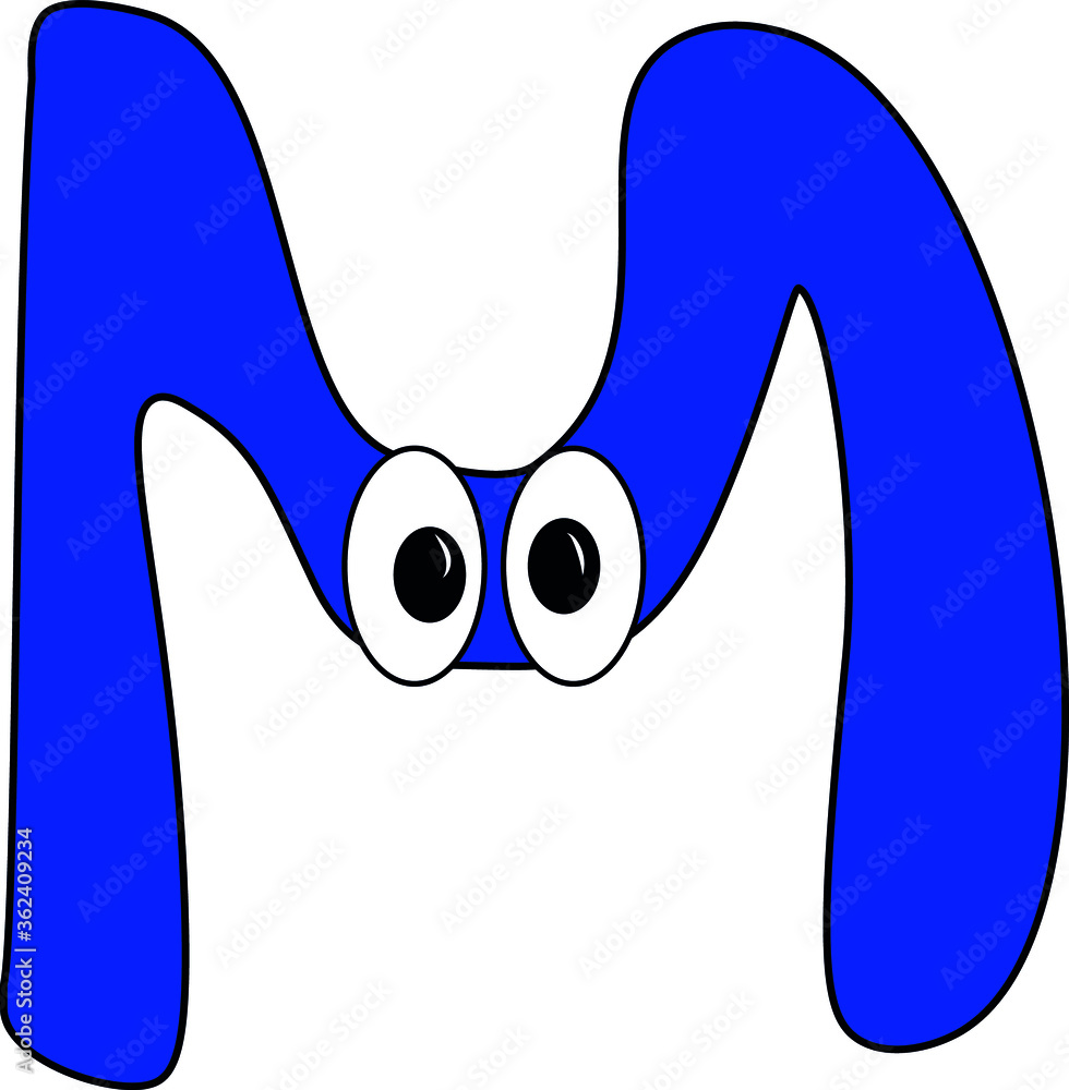 Funny children's colorful bright alphabet. The Letter M. Funny round surprised eyes. A friendly image. Joking friends of the letter.