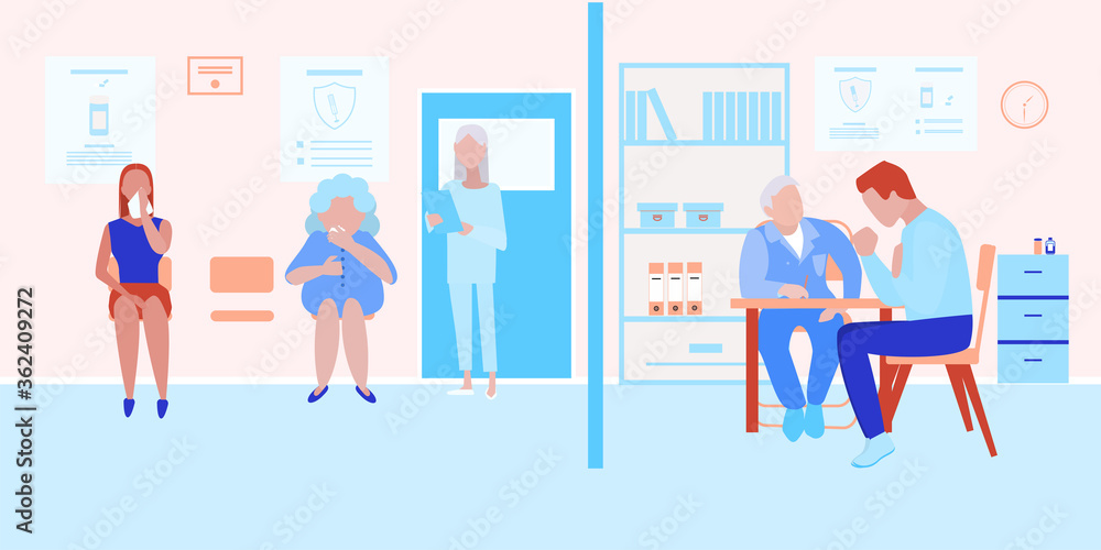 Medicine concept with doctor and patients in flat style on hospital hall background. Medicine concept with doctor and patients in flat style on hospital hall background.