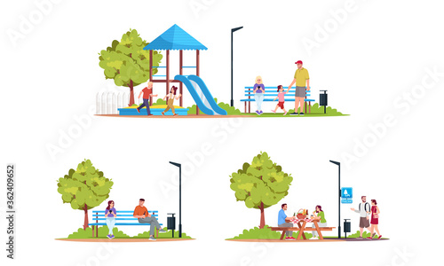 People in recreation area semi flat RGB color vector illustrations set. Couple on a picnic. Children playing in playground. Isolated cartoon characters collection on white background