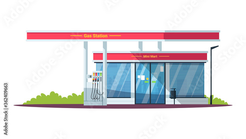 Gas filling station with mini mart semi flat RGB color vector illustration. Diesel, gasoline, gas fuel. Self servicing. Convenience store. Isolated cartoon objects on white background