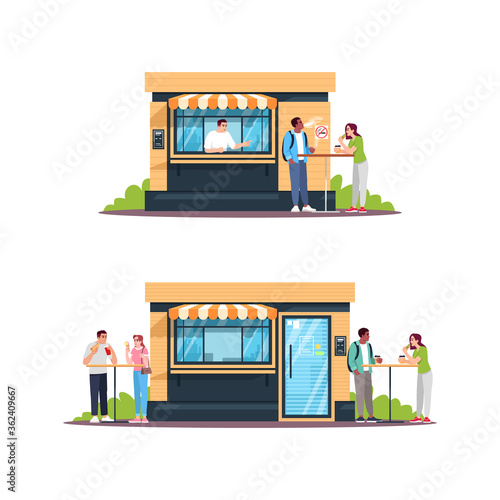 Street food shop with customers semi flat RGB color vector illustrations set. Outdoor snackbar, buffet. People having fast lunch, meal. Isolated cartoon character on white background