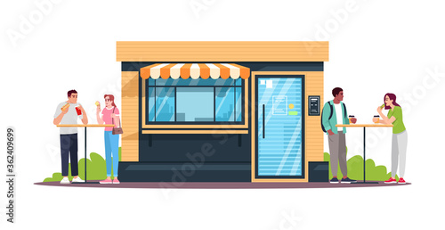 Couples having lunch at snackbar semi flat RGB color vector illustration. People eating in public places. Cafeteria and street food. Isolated cartoon characters on white background