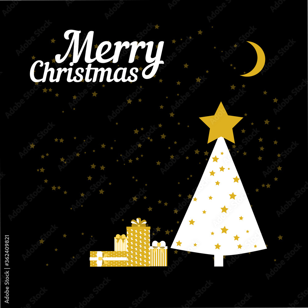 Fototapeta premium Decorated christmas tree with lots of gift boxes. Modern flat style vector illustration. Elegant black gold color.