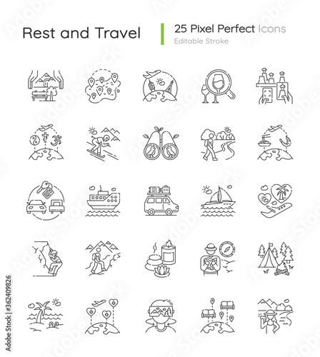 Tourism pixel perfect linear icons set. Holiday travel, vacation trip customizable thin line contour symbols. Tour agency service. Isolated vector outline illustrations. Editable stroke
