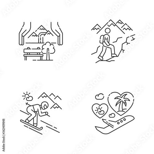 Holiday travel pixel perfect linear icons set. Sustainable tourism, trekking, ski resort and honeymoon customizable thin line contour symbols. Isolated vector outline illustrations. Editable stroke