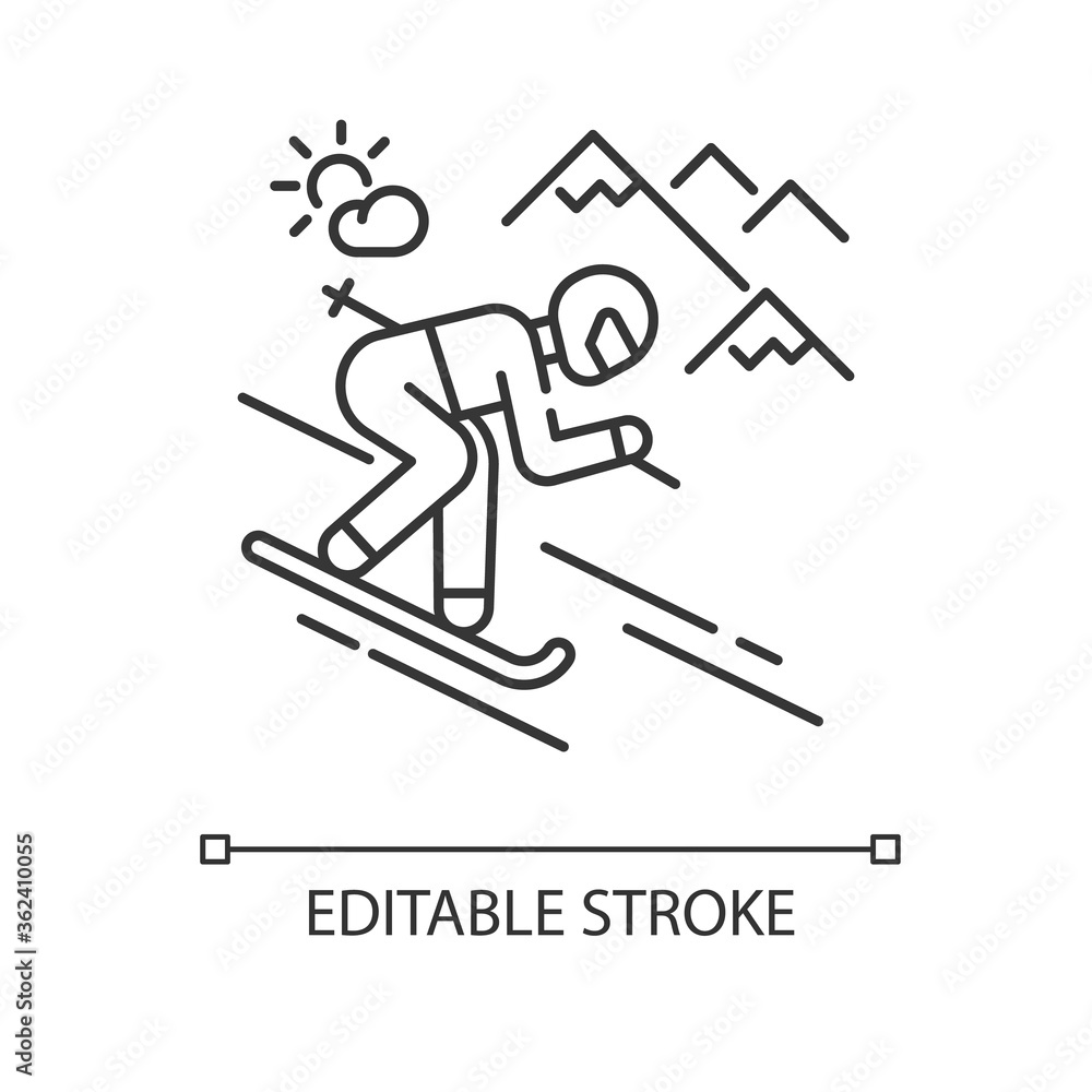 Skiing pixel perfect linear icon. Winter vacation, seasonal extreme tourism thin line customizable illustration. Contour symbol. Ski resort. Vector isolated outline drawing. Editable stroke Skiing pixel perfect linear icon. Winter vacation, seasonal extreme tourism thin line customizable illustration. Contour symbol. Ski resort. Vector isolated outline drawing. Editable stroke