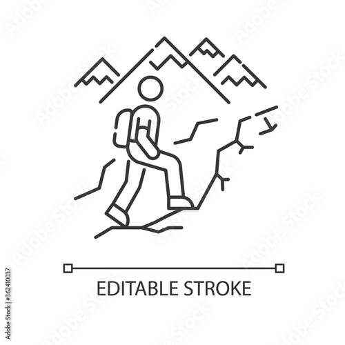 Trekking pixel perfect linear icon. Nature tourism, backpacking thin line customizable illustration. Contour symbol. Outdoor recreational activity. Vector isolated outline drawing. Editable stroke