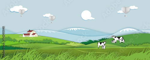 vector illustration.Paper cut style of field landscape in summer time, Paper art spring landscape with blue sky and hot air balloons heart flying, Panorama flat cartoon for holiday banner background