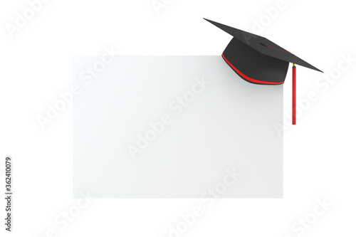 Graduate hat with white board background, 3d rendering.