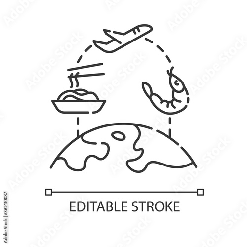 Food tourism pixel perfect linear icon. International culinary tours thin line customizable illustration. Contour symbol. International cuisine. Vector isolated outline drawing. Editable stroke