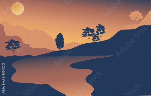 Vector illustration of a beautiful evening mountain landscape with fog and forest