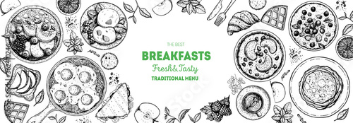 Breakfast, brunch sketch design elements, top view food. Morning food menu design. Breakfasts and brunches dishes collection. Vintage hand drawn sketch, vector illustration. Engraved style.