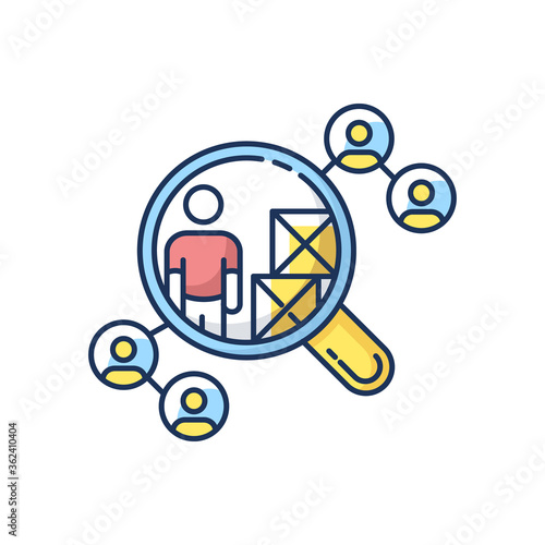Vendor selection RGB color icon. Production distribution network, logistics. Market research, choosing supplier, product distributor. Isolated vector illustration