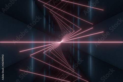 Glowing lines in the dark tunnel, 3d rendering. © Vink Fan