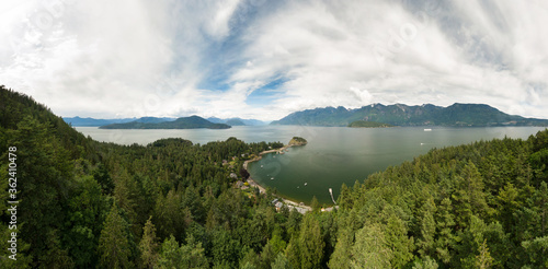 Aerial Panoramic View of Bowen Island during a vibrant sunny day. Located in Howe Sound, near Vancouver, British Columbia. Canada.