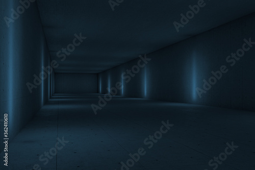 Blue dark tunnel with lights aside, 3d rendering. © Vink Fan