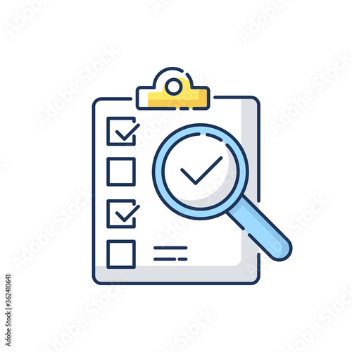 Inspection RGB color icon. Manufactured production quality control and certification test. Compliance form, clipboard with checklist isolated vector illustration