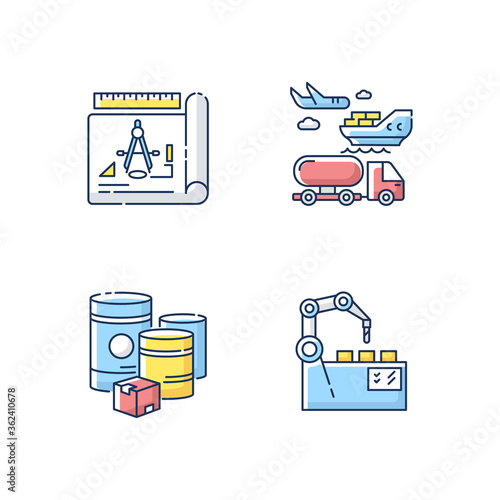 Industrial production RGB color icons set. Raw materials, product drafting, automation and shipping. manufacturing and distribution. Isolated vector illustrations