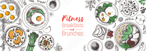 Breakfast, brunch menu design elements, top view food. Morning food menu design. Breakfasts and brunches dishes collection. Vintage hand drawn sketch, vector modern illustration. Delicious recipes.