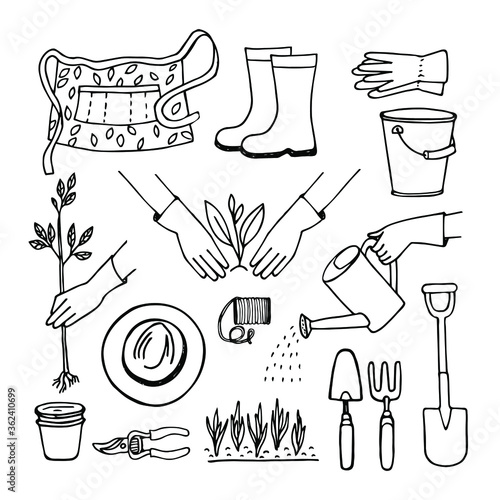 A set of hand drawn gardening elements, apron, boots, gloves, sprouts, watering can, gloved hands. Simple outline in Doodle style, vector.