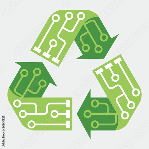 E-waste garbage icon. Old discarded electronic waste to recycling symbol. Ecology concept. Design by recycle sign with circuit lines. Flat colors style vector illustration isolated on grey background