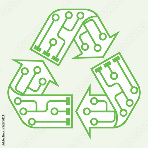 E-waste garbage icon. Old discarded electronic waste to recycling symbol. Ecology concept. Design by recycle sign with circuit lines. Outline style vector illustration isolated on green background