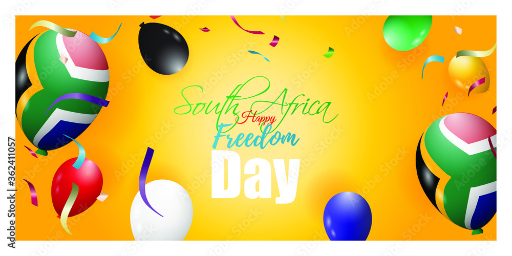 VECTOR ILLUSTRATION FOR SOUTH AFRICA FREEDOM DAY WITH FLYING BALLOON AND VICTORY HAND