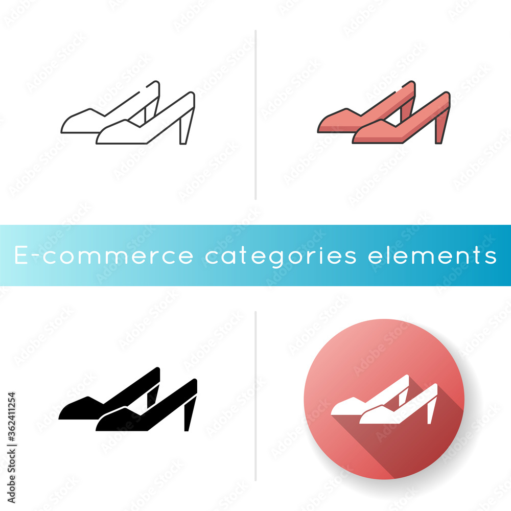 Women shoes icon. Female high heels. Lady clothes. Online shopping for garment. Fashionable footwear and accessory. Linear black and RGB color styles. Isolated vector illustrations