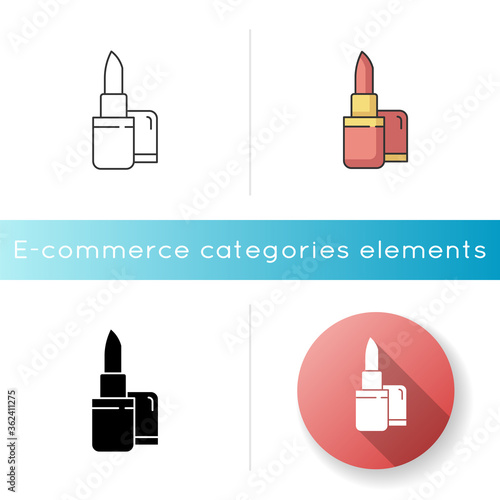Lipstick icon. Female beauty product. Luxury pomade. Woman fashion. Open package for face cosmetic. Fashion and lifestyle. Linear black and RGB color styles. Isolated vector illustrations