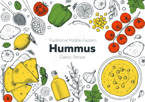 Hummus cooking and ingredients for hummus, sketch illustration. Middle eastern cuisine frame. Healthy food, design elements. Hand drawn, package design. Mediterranean food. Vegan menu