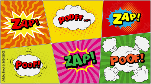 Vector comic speach bubble with prase   Zap, Poof . Comic cartoon sound bubble speech set on colored background.