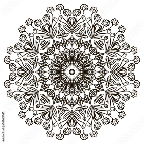 Mandala black on a white background. Circular ornament. Ethnic pattern. Template for tattoo, henna drawing. Coloring. Element of decor and psychological relief.  Vector. 