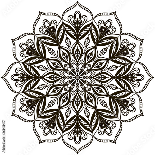 Mandala black on a white background. Circular floral ornament. Ethnic linear pattern. Template for tattoo, henna drawing. Coloring. Element of decoration.  Vector for psychological relief.