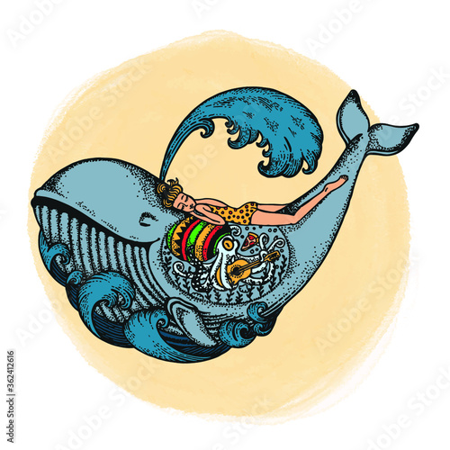 The girl is swimming on a whale. Color vector illustration. Pizza and Reggae