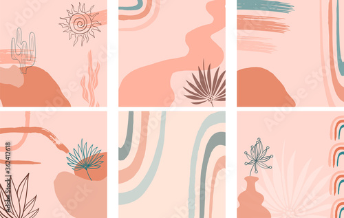 Set of boho background in earthy tone, terracotta color. Collage line drawing with leaf, rainbow, sun, cactus. Minimalist modern abstract template for surface design textile, poster in bohemian style