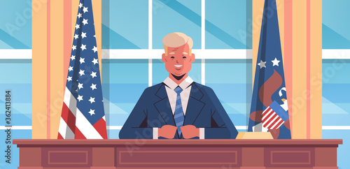 4th of july celebration united states president speaking to people american independence day concept oval office white house interior horizontal portrait vector illustration