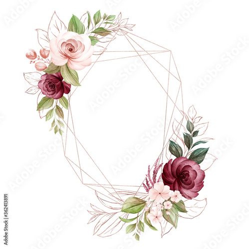 Geometric floral frame of brown and burgundy roses watercolor and glitter  leaves. Botanic illustration for card composition design Stock Illustration  | Adobe Stock